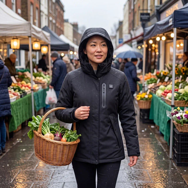 Woman in a black Expedition 14 heated parka at a market with her basket