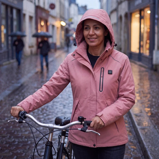 Woman in a pink Expedition 14 heated parka with her bike in the rain