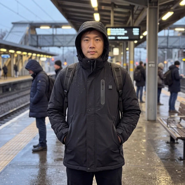 Man in a black Expedition 14 heated parka on a station platform in the rain