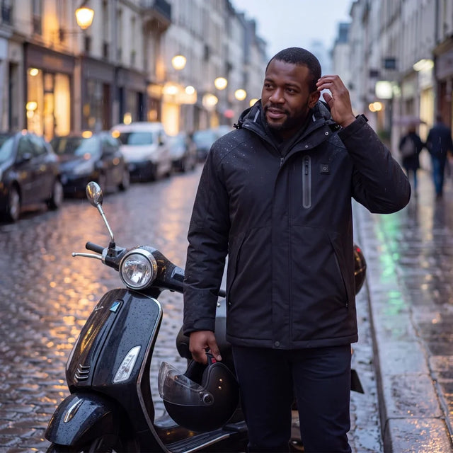 Man in a black Expedition 14 heated parka next to his scooter in the rain