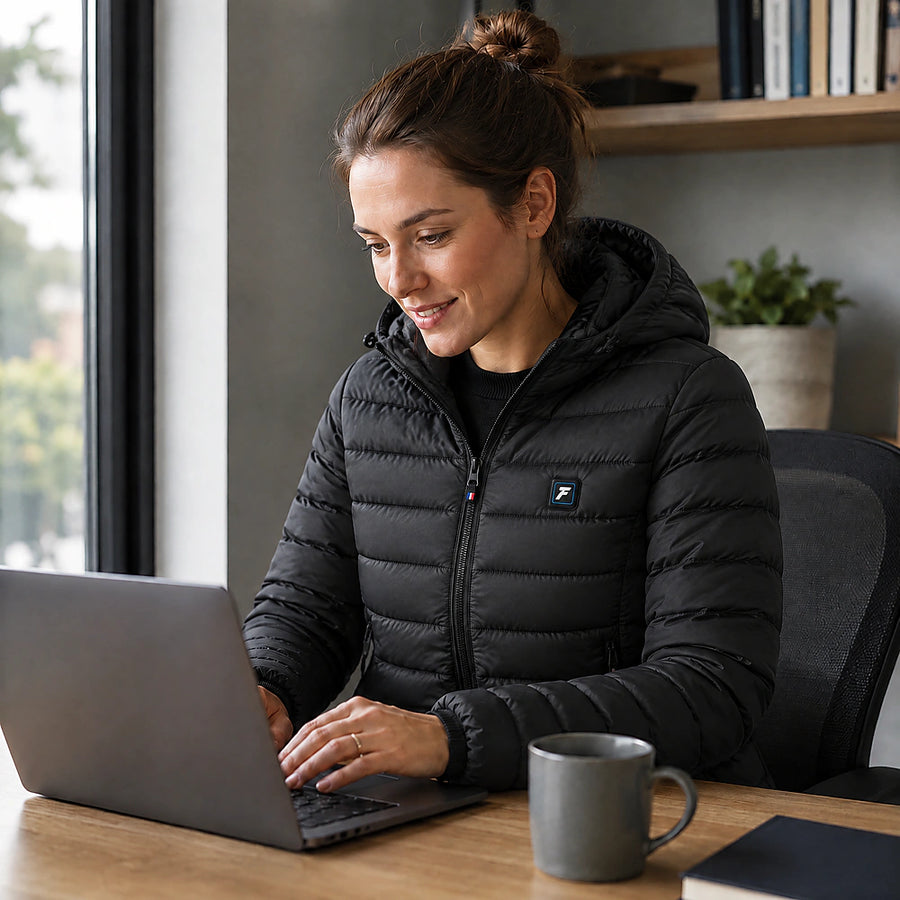 QUILLMORE customer at the office in a heated jacket