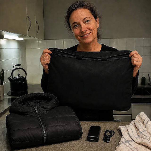 Female customer in her kitchen with the folded QUILLMORE Ridge 21 down jacket and storage bag