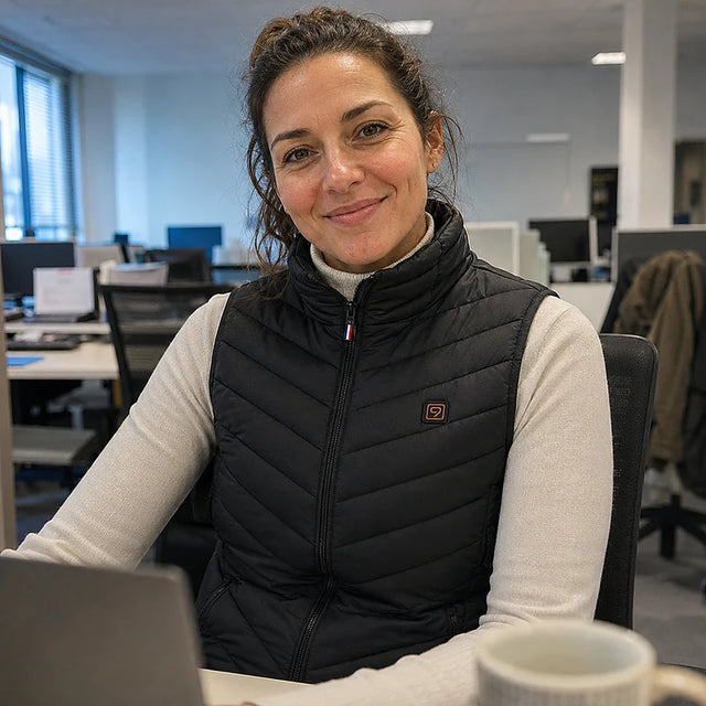 Customer at the office wearing the Layer 9 sleeveless heated vest over a turtleneck
