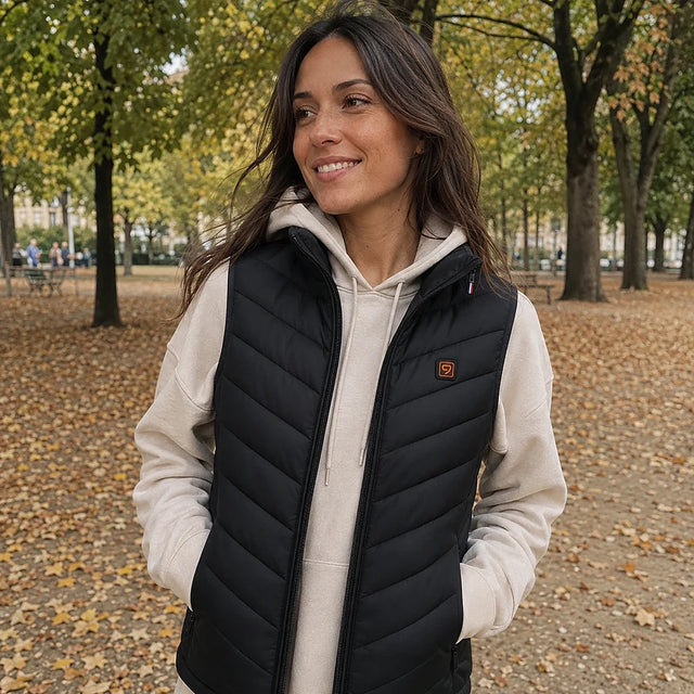 Customer in a park in the fall wearing the Layer 9 heated vest over a hoodie