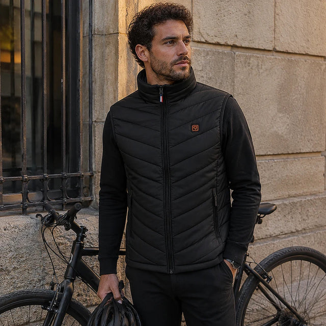Customer next to his bike in the city wearing the Layer 9 sleeveless heated vest