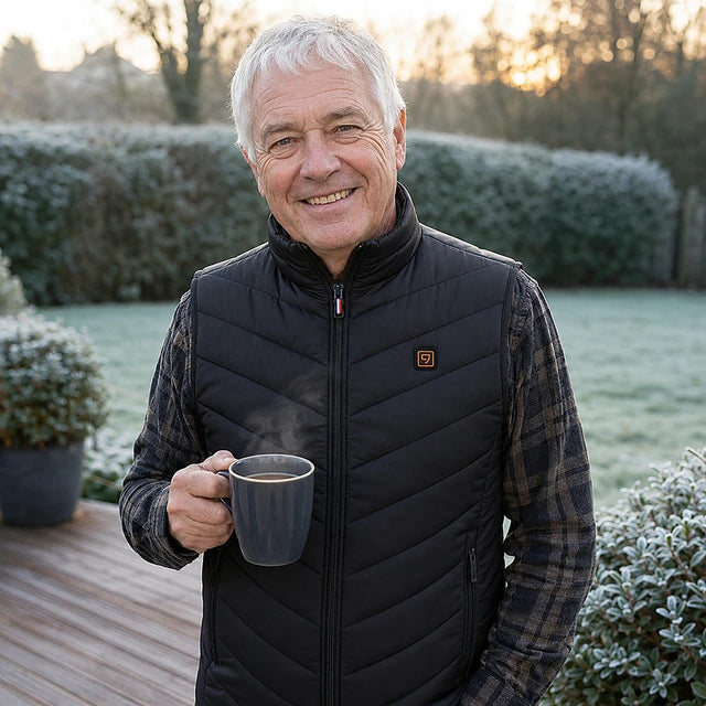 Customer having coffee on a frosty patio wearing the Layer 9 heated vest