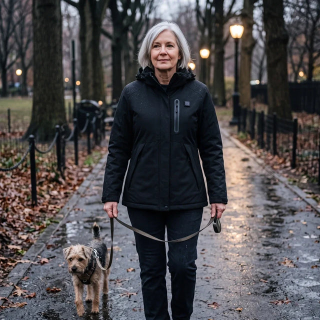 Woman in a black Expedition 14 heated parka walking her dog early in the morning