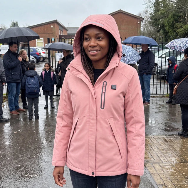 Woman in a pink Expedition 14 heated parka outside a school in the rain