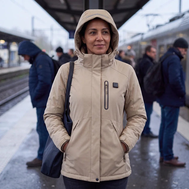 Woman in a khaki Expedition 14 heated parka on a station platform in the rain