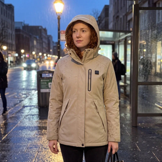 Woman in a khaki Expedition 14 heated parka at a bus stop in the evening rain