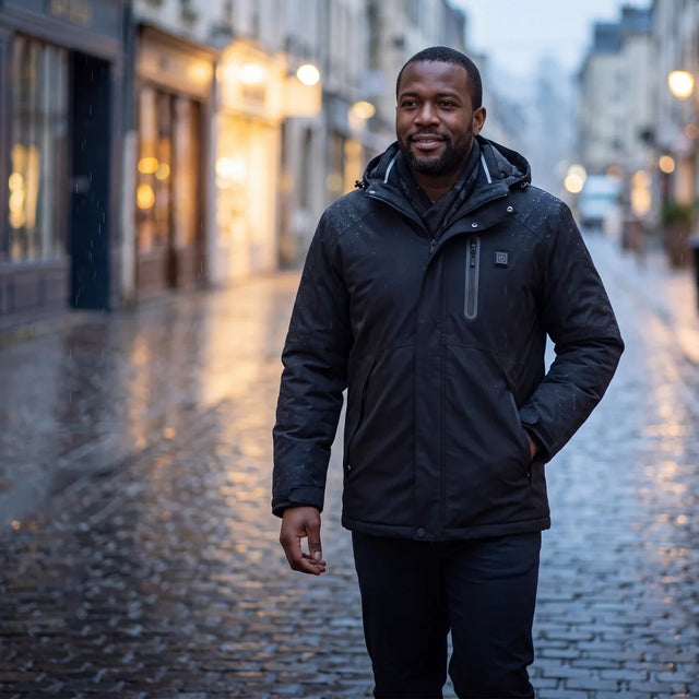 Man in a black Expedition 14 heated parka on a wet street early in the morning