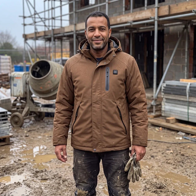 Man in a coffee brown Expedition 14 heated parka on a construction site in the drizzle