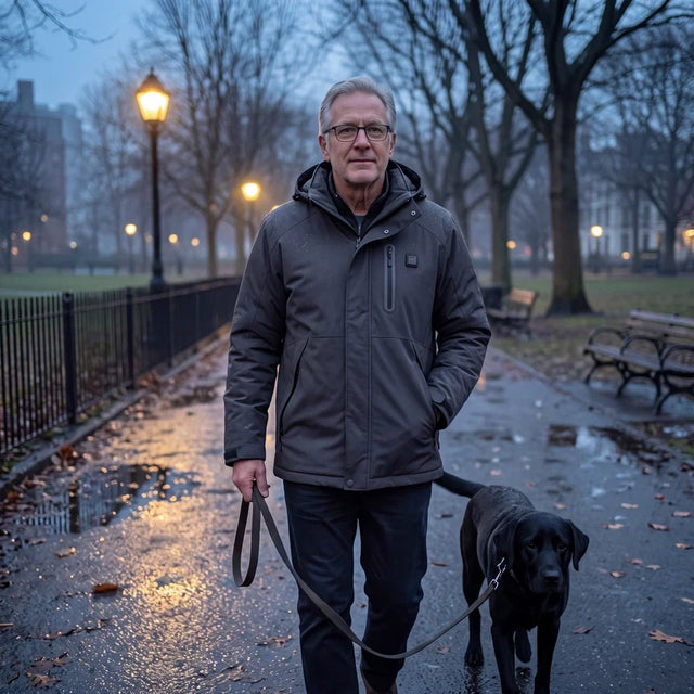 Man in a charcoal gray Expedition 14 heated parka walking his dog early in the morning