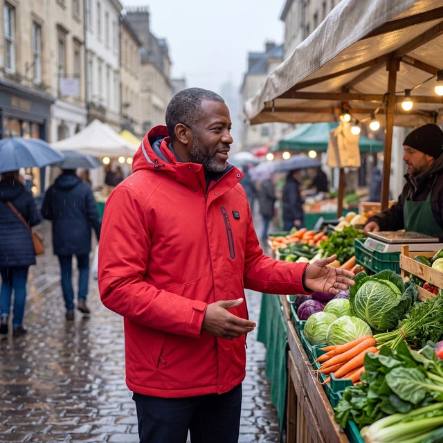 Man in a red Expedition 14 heated parka at an outdoor market