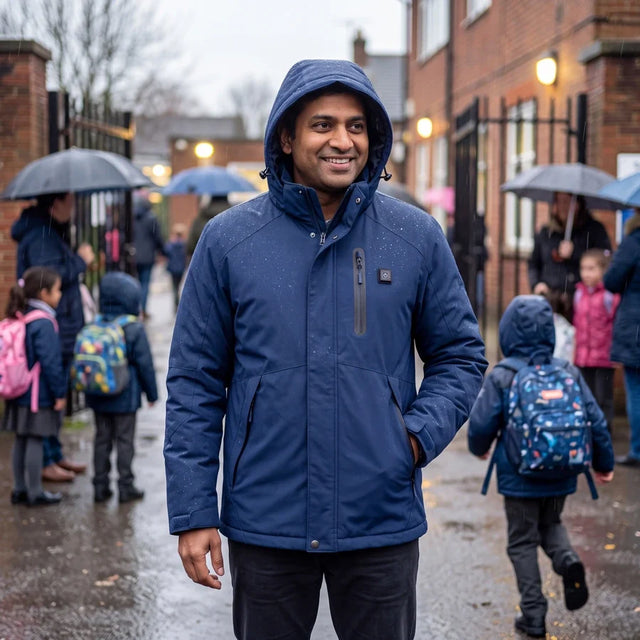 Man in a blue Expedition 14 heated parka outside a school in the rain