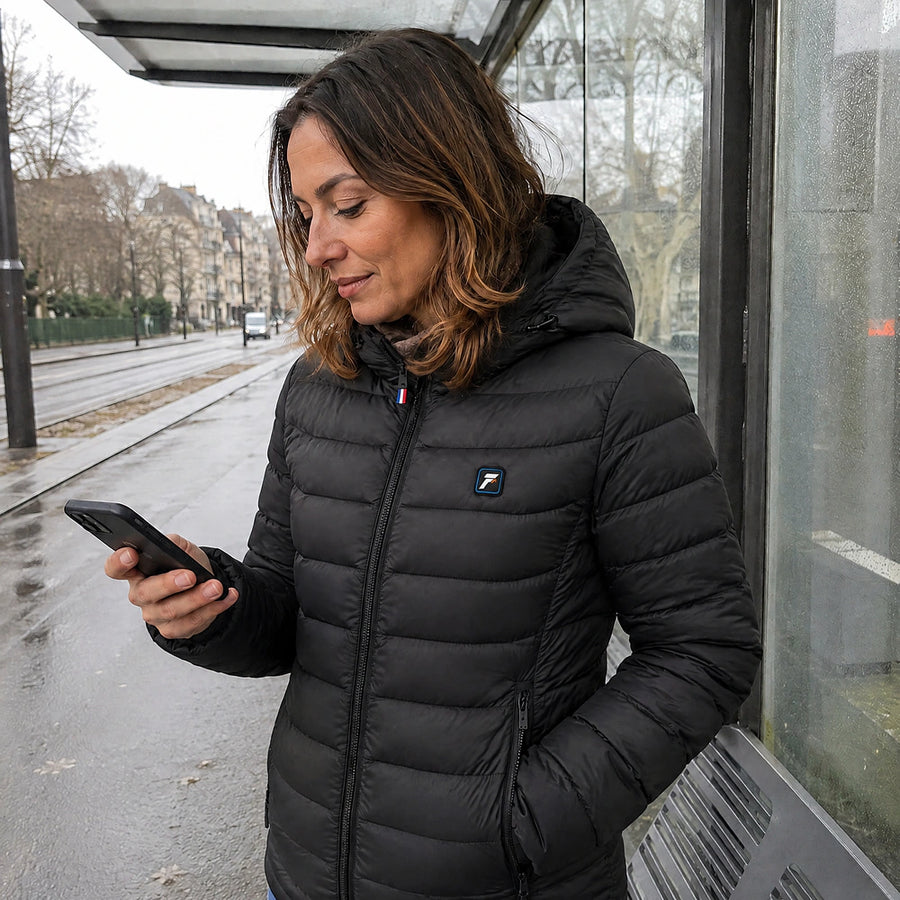 Woman in a QUILLMORE heated jacket waiting for the bus