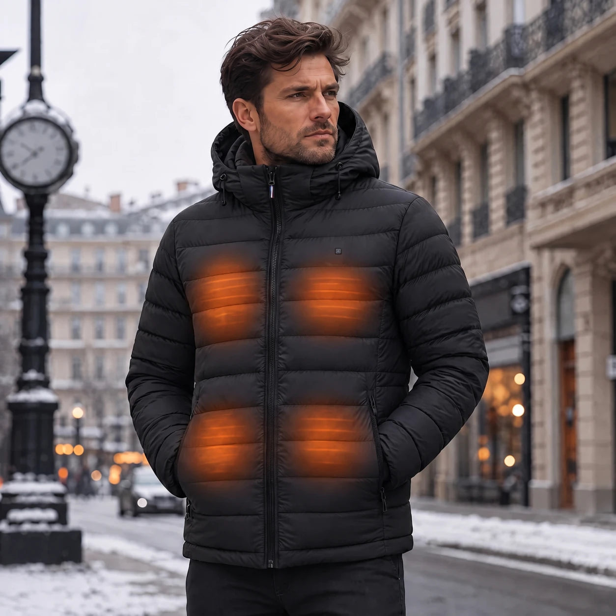 QUILLMORE heated jacket worn in the city, heating zones on
