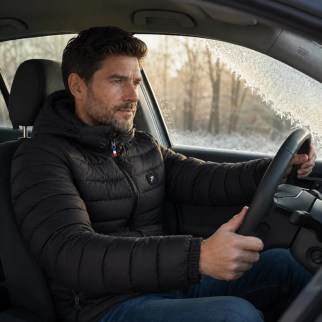 Customer with QUILLMORE heated jacket in the car