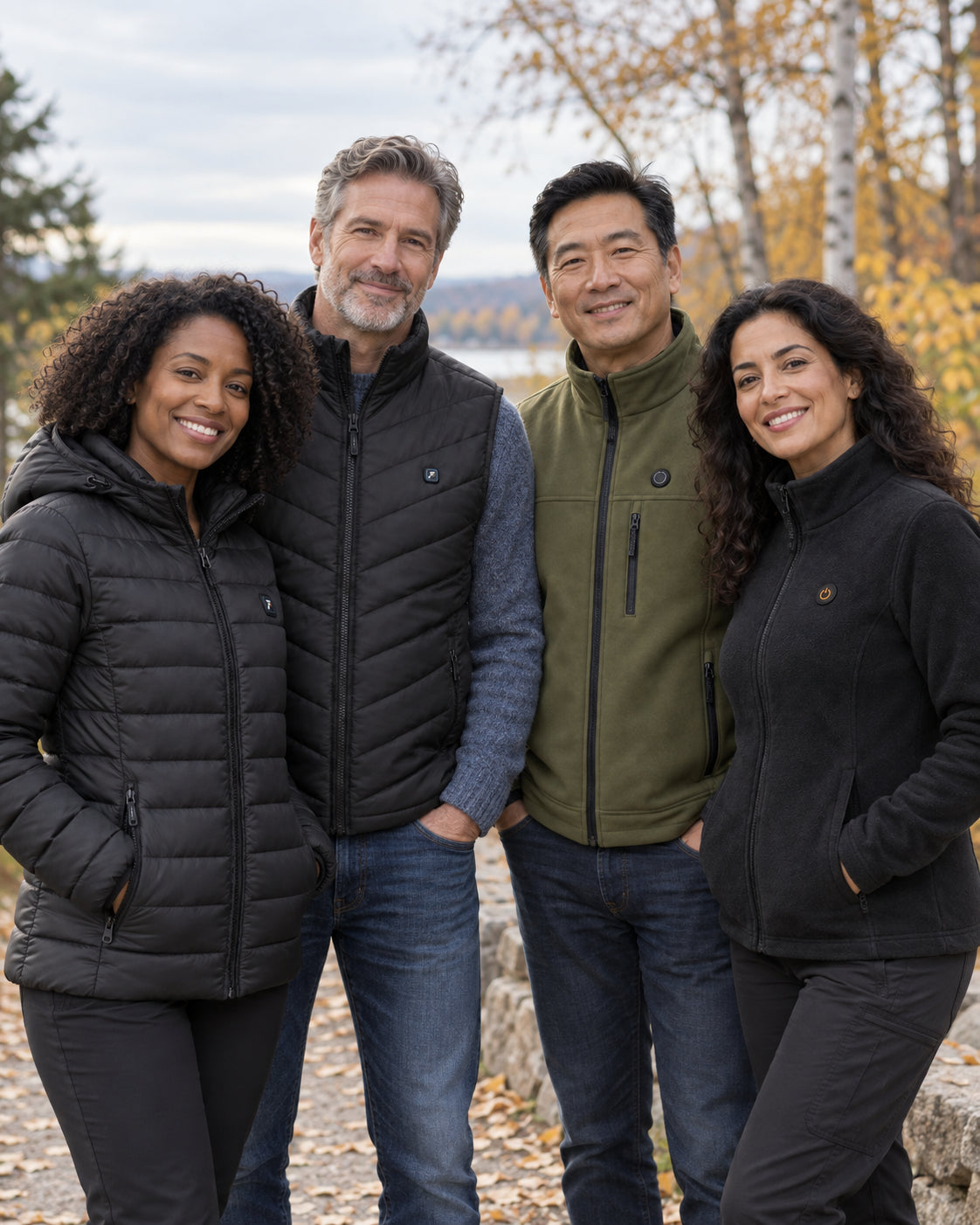 Four people wearing different QUILLMORE heated jackets and vests