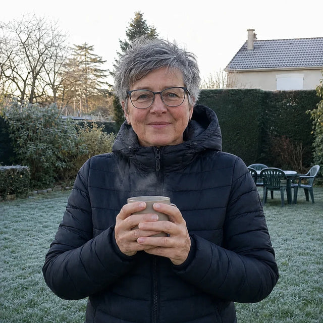 Smiling female customer in her frost-covered garden, wearing a heated Ridge 21 down jacket