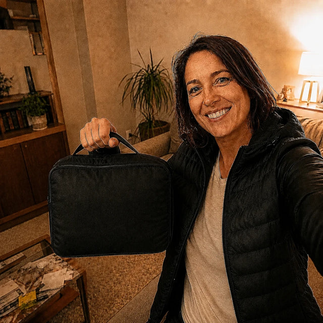 Female customer showing the QUILLMORE storage bag included with the Ridge 21 down jacket