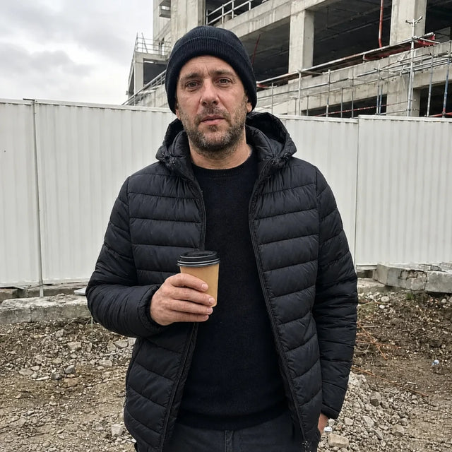 Male customer on a coffee break outside, with the heated Ridge 21 down jacket open