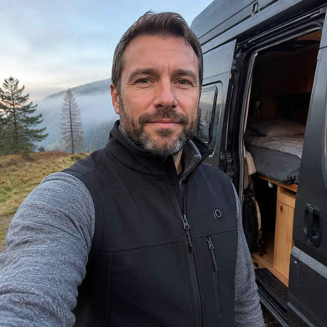 QUILLMORE customer wearing the Field 9 heated vest