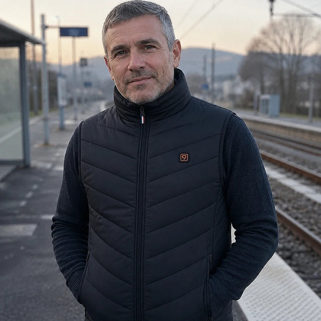 Customer on a train platform early in the morning wearing the Layer 9 sleeveless heated vest