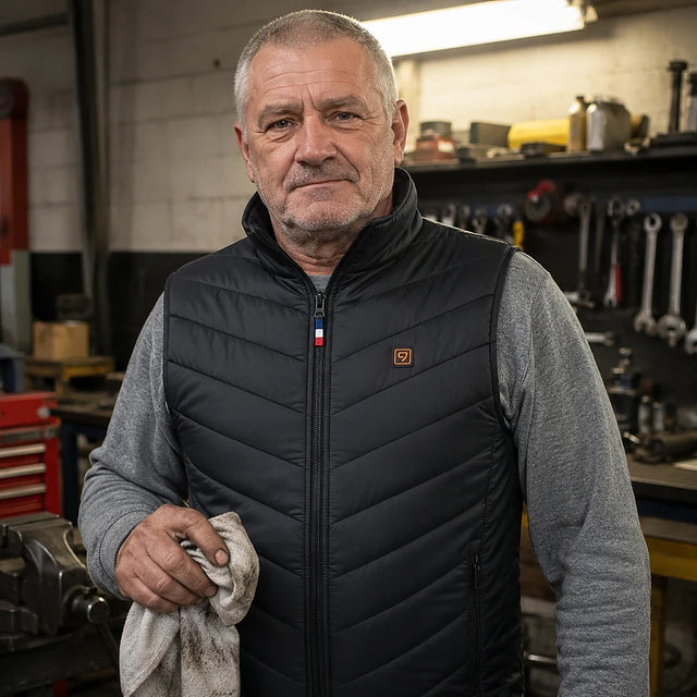 Customer in his workshop wearing the Layer 9 sleeveless heated vest over a sweater