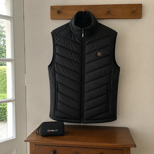 Layer 9 sleeveless vest hanging in an entryway with the QUILLMORE pouch