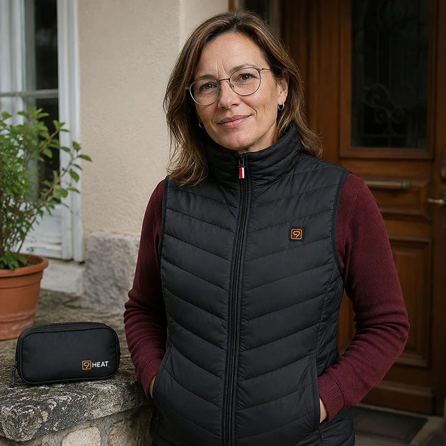 Customer at her front door with the Layer 9 heated vest and the QUILLMORE pouch