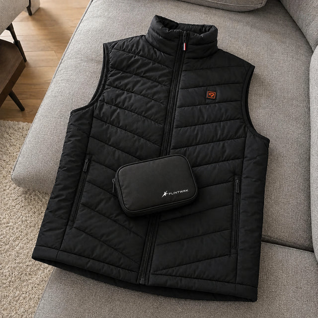 Layer 9 sleeveless vest on a couch with the QUILLMORE pouch